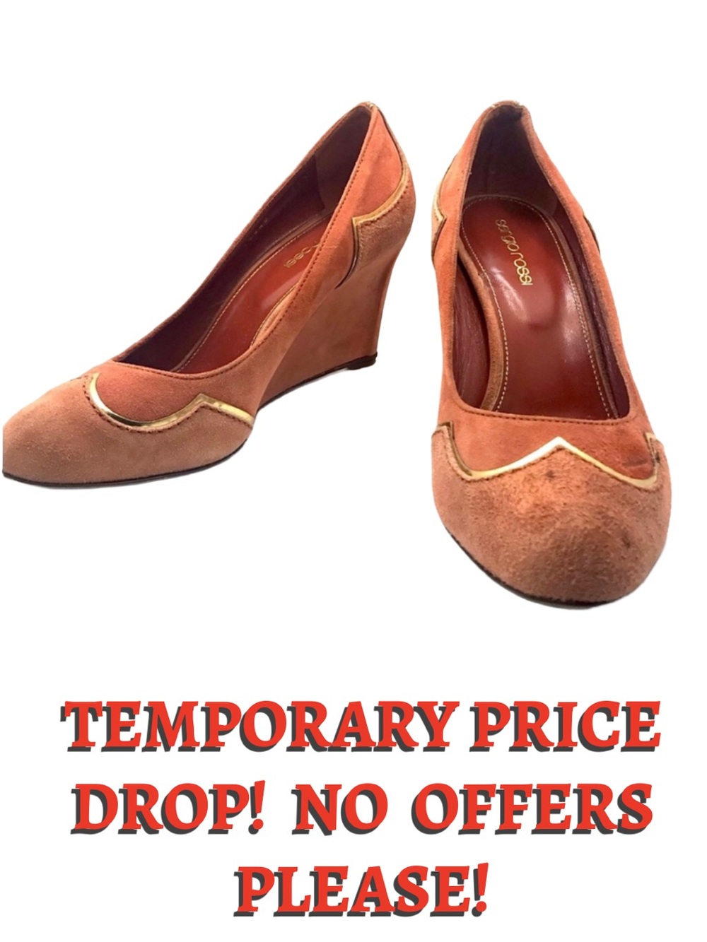 SERGIO ROSSI ORANGE SUEDE WITH GOLD ACCENTS WEDGE HEEL SHOES  (36.5)